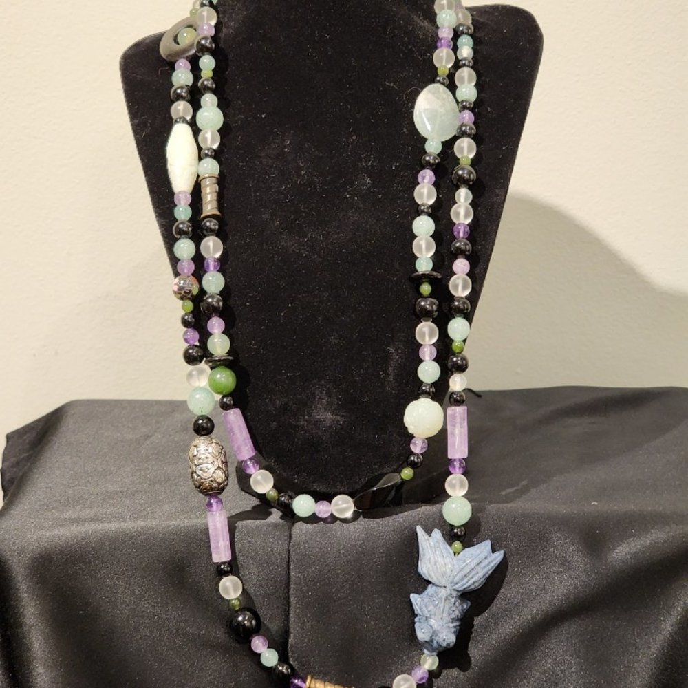 Vintage chunky Spring Palette Tone Beaded Necklace with Koi Figurine